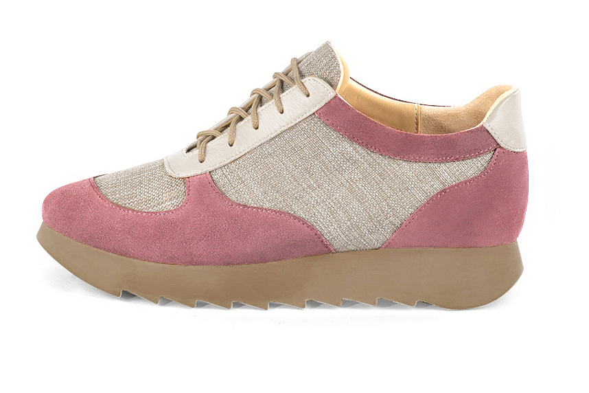 Dusty rose pink, natural beige and off white women's three-tone elegant sneakers. Round toe. Low rubber soles. Profile view - Florence KOOIJMAN